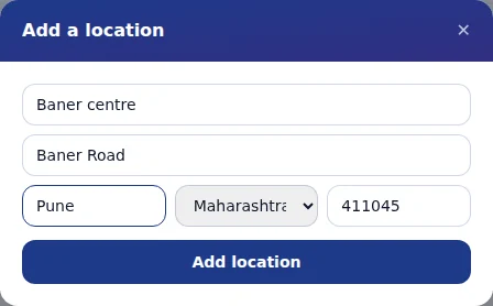 Adding the Baner centre. Only the location name is required.