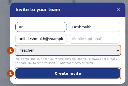Invite to your team: the name and email, the role (1), then “Create invite” (2).
