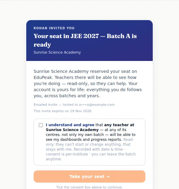 Aarav’s invitation to JEE 2027 — Batch A, with the consent the student ticks.