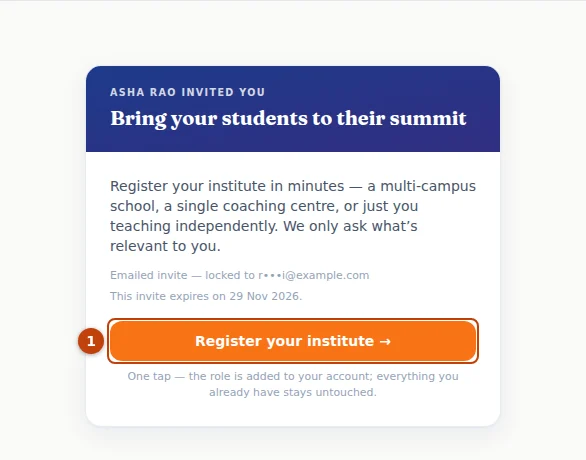Signed in: press “Register your institute →” (1) to start the registration wizard.
