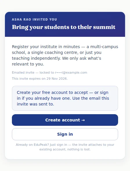 An institute invitation, opened before signing in. “Create account →” is for newcomers; “Sign in” is for anyone already on EduPeak.