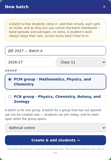 The New batch window, filled in for JEE 2027 — Batch A (PCM group, Class 11, Kothrud centre).