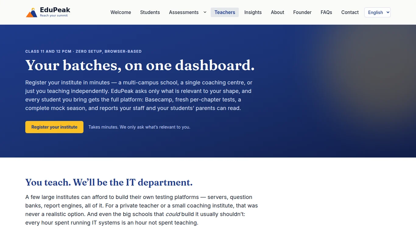 EduPeak’s page for teachers and institutes, on edupeak.org. Its “Register your institute” button is one of the two ways in.