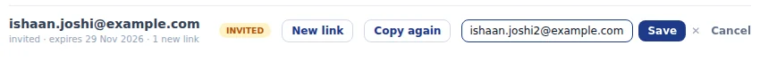 Fix email on a pending invitation: type the corrected address, then Save.