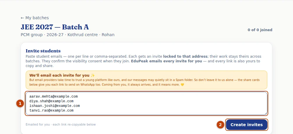 Invite students: paste the emails (1), then press “Create invites” (2).