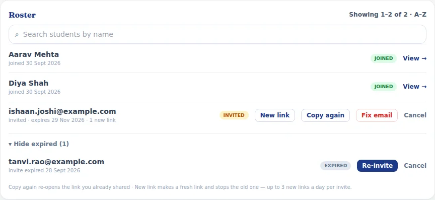 The roster of JEE 2027 — Batch A: two students joined, one invitation pending (with one new link made), and one expired invitation shown under “Hide expired (1)”.
