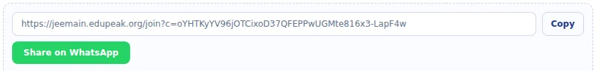 A share card: the invitation link, “Copy”, and “Share on WhatsApp”.