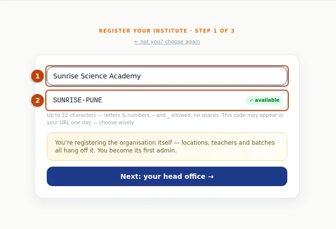 Step 1 of 3: the organisation’s name (1) and its code (2). “✓ available” means nobody else has that code.