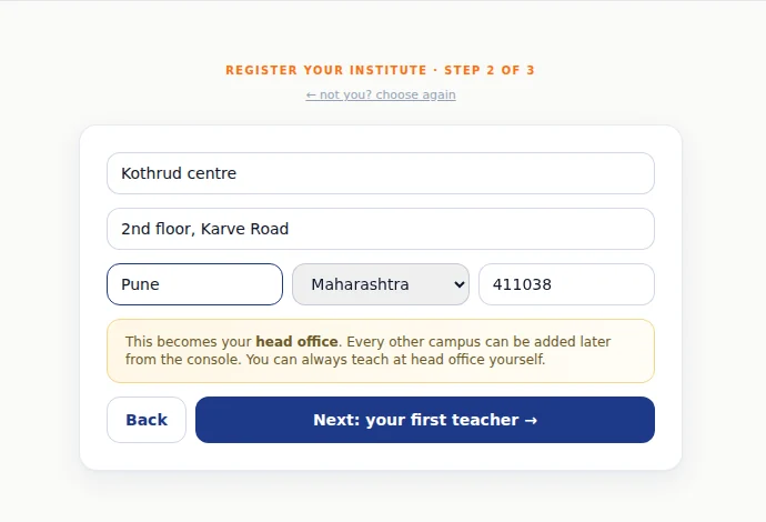 Step 2 of 3: your head office — the first centre. Only its name is required.
