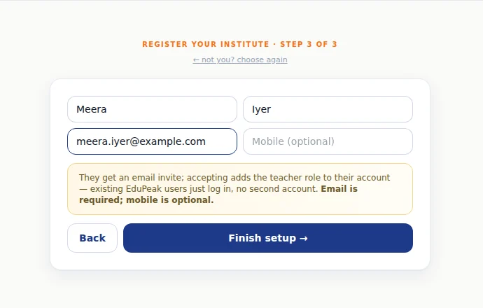 Step 3 of 3: your first teacher. First name, last name and email are required; mobile is optional.