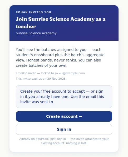A teacher’s invitation, opened before signing in: “Join Sunrise Science Academy as a teacher”.