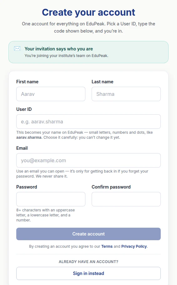 Creating an account from a teacher’s invitation. The green note shows EduPeak already knows why you are here.