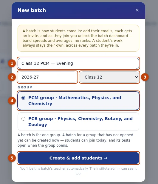 The New batch window, filled in. The numbers match the steps.