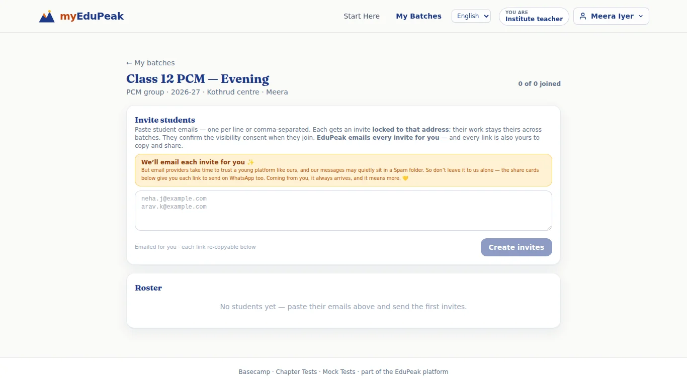 A new batch’s Students page: Invite students at the top, the Roster below.