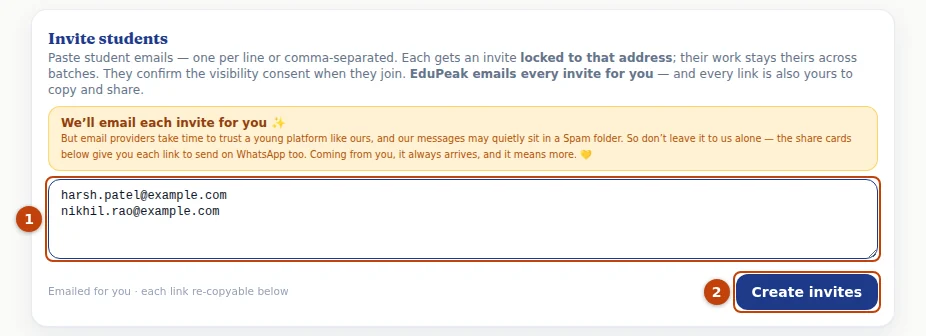 Paste the emails (1), then press Create invites (2).