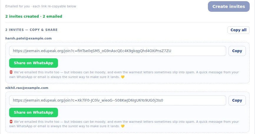 After Create invites: one share card for each invitation. Copy all copies every message at once.