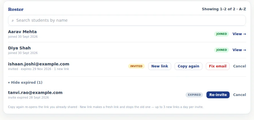 The roster of JEE 2027 — Batch A: two students joined, one invitation waiting, one expired (shown under “Hide expired (1)”).