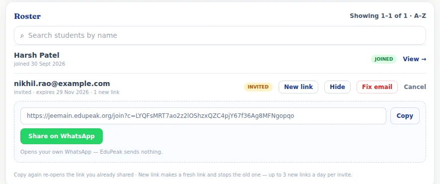 After New link: a fresh link, ready to copy or send on WhatsApp. “1 new link” is counted on the row.