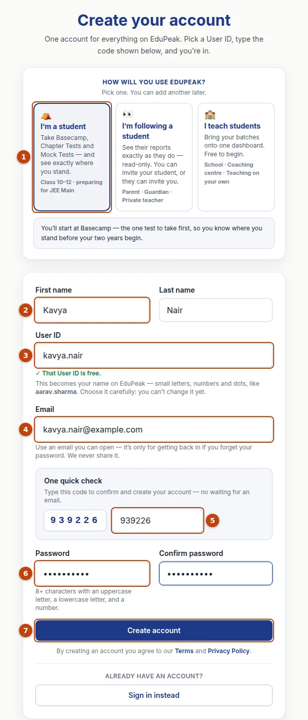 The Create your account page on edupeak.org, filled in for Kavya. The numbers match the steps above.