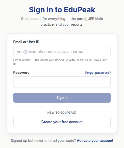 The Sign in to EduPeak page. Forgot password? is at the right, above the Password box.
