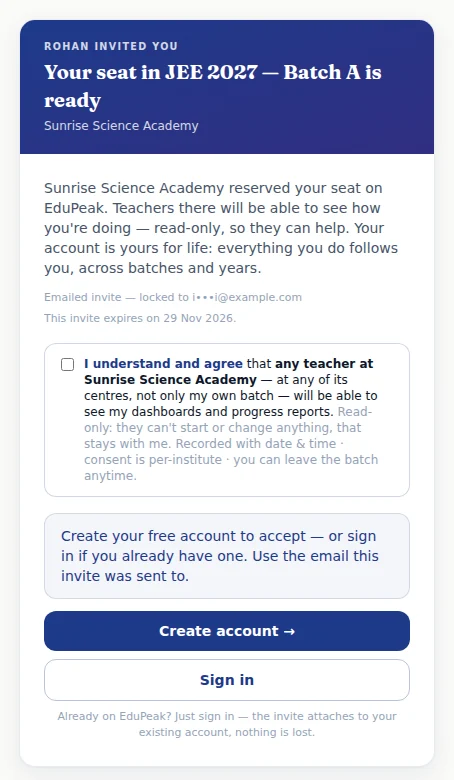 An institute invitation, opened before signing in. The heading names the batch (JEE 2027 — Batch A) and the institute (Sunrise Science Academy).