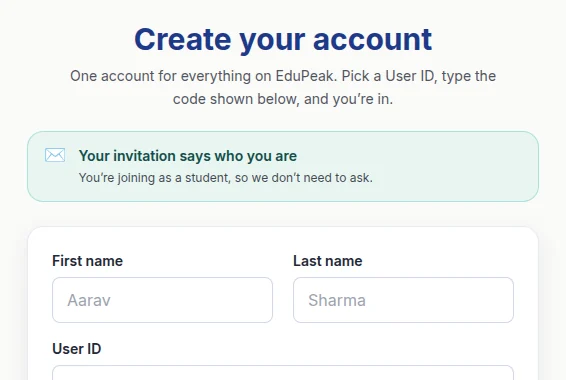 Signing up from an invitation: the page already knows you are a student, and there is no on-screen code to type.