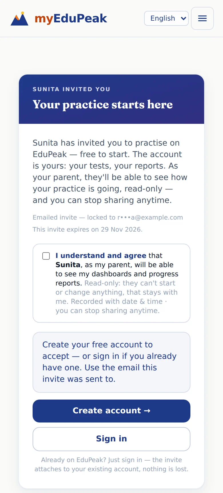 An invitation from a parent (Sunita), opened on a phone.