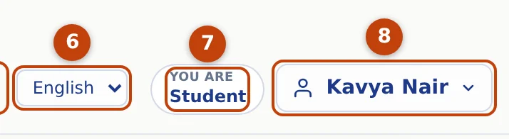 The right of the top bar: language (6), your role (7) and your name (8).