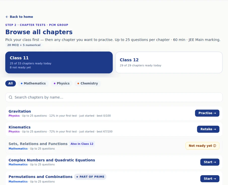 Browse all chapters. Each chapter has a Start button, or Not ready yet when there are not enough questions for a fair test.