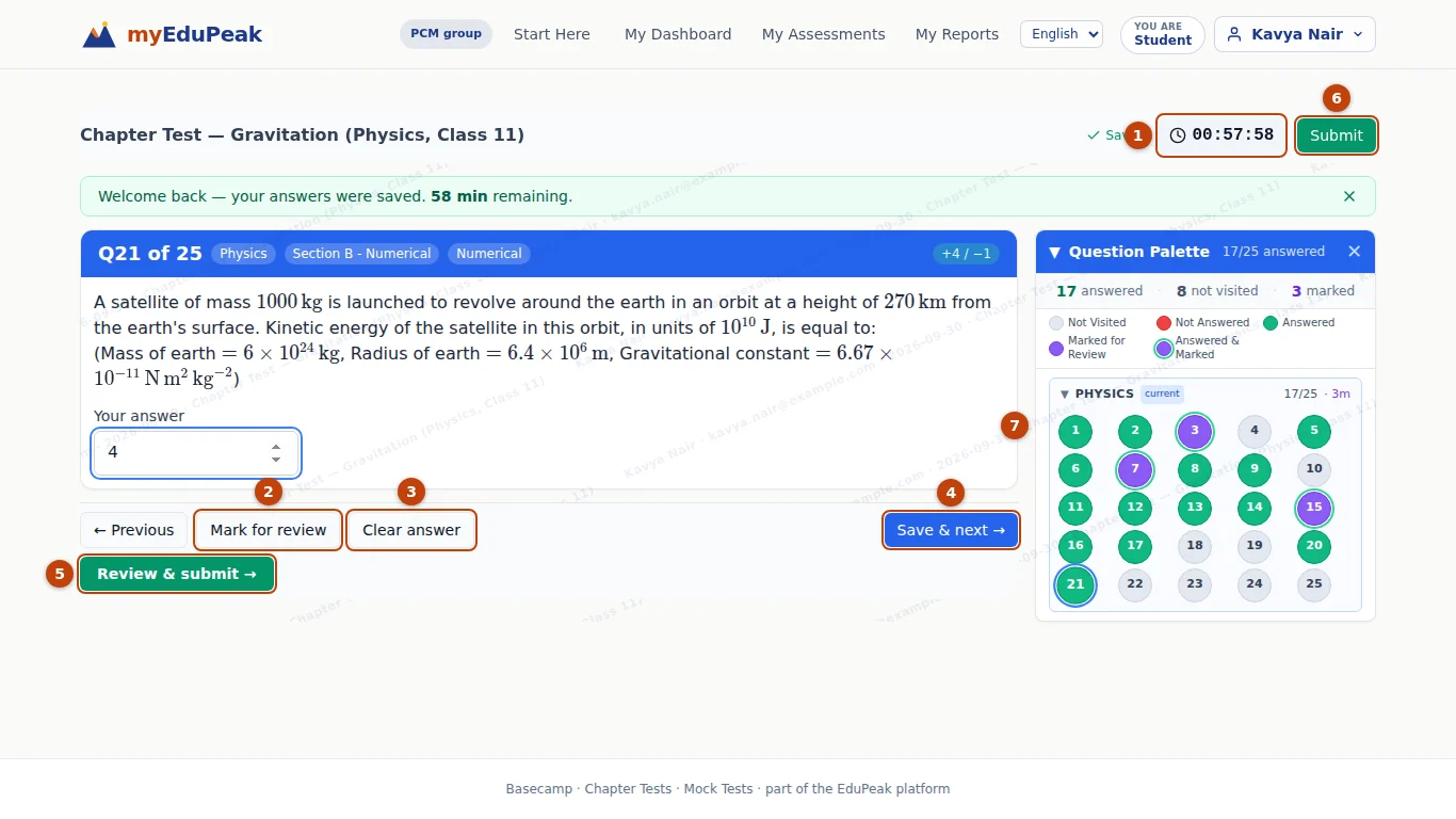 The test screen during a Chapter Test (here, a numerical question). The watermark with your name is faint across the page.