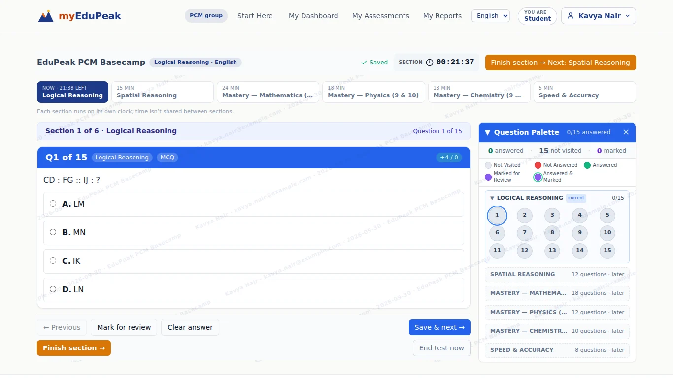 Basecamp: the six sections, each with its own clock, and the Finish section button (orange, top right).