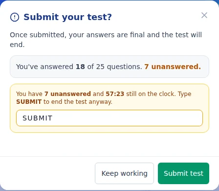 The submit check: 7 questions unanswered and 57 minutes left, so EduPeak asks you to type SUBMIT.