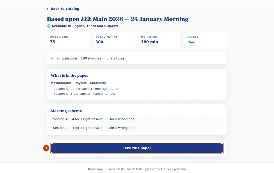 A mock paper’s page: its size, marks, duration, access and marking. Press Take this paper (1).
