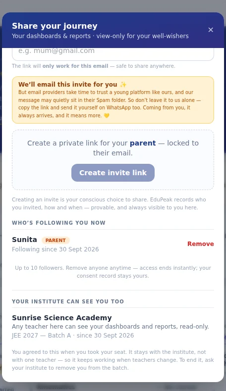 Aarav’s sharing: his parent follows him, and his institute can see him too.