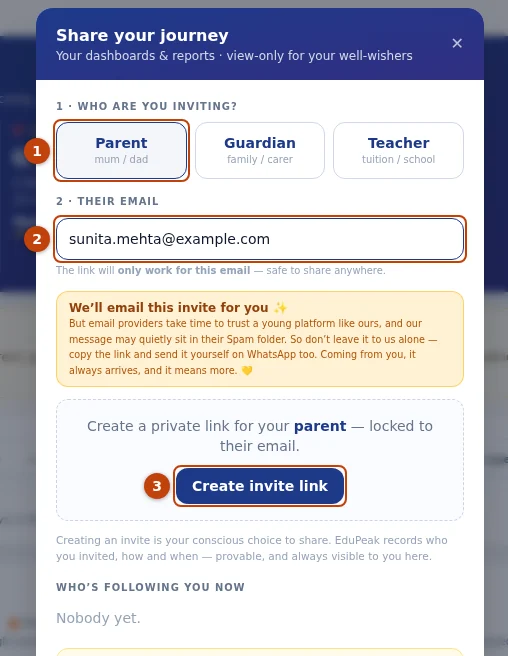 What Aarav sees when he invites his mother: relation (1), her email (2), and Create invite link (3).