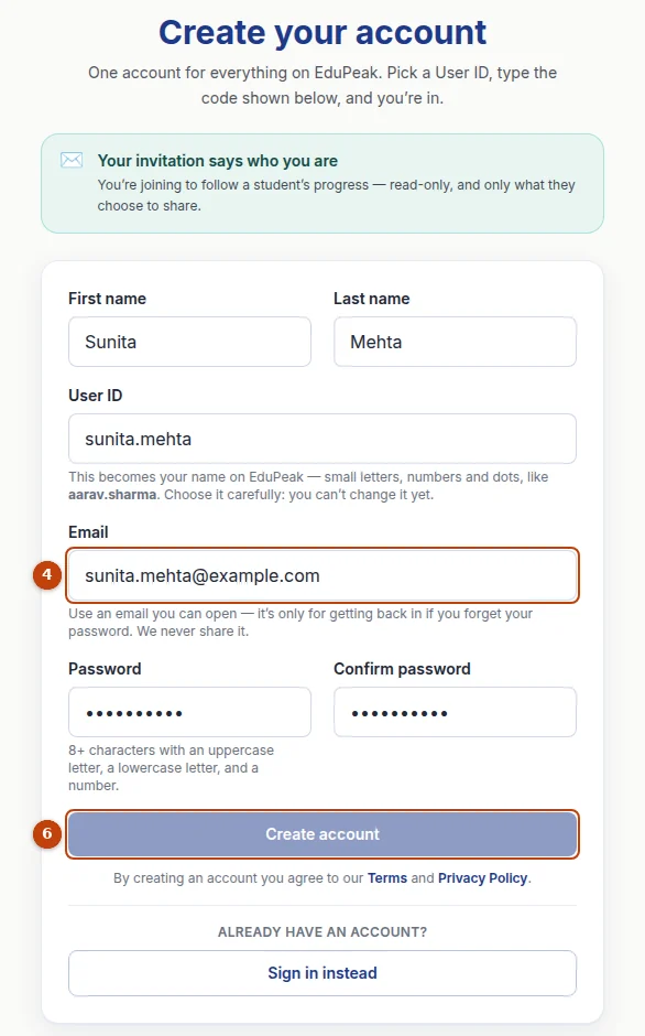 Creating your account on edupeak.org. Use the email the invitation was sent to (4), then press Create account (6).