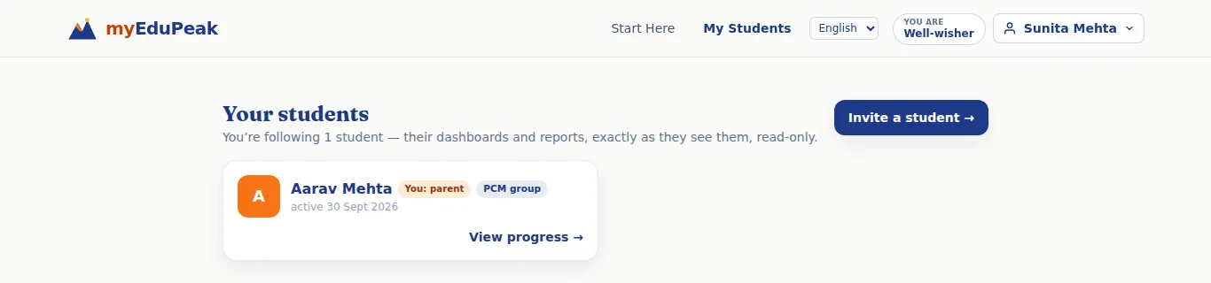 Straight after accepting: Aarav appears on Sunita’s Your students page.