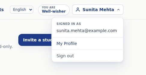Your name opens Signed in as, My Profile and Sign out.