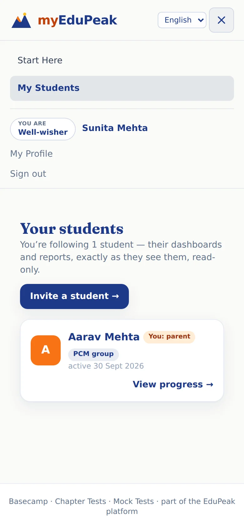 On a phone: the ☰ menu opened over Your students.